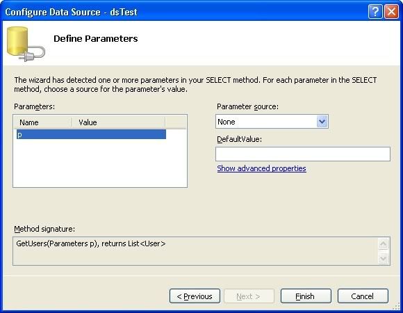 Parameters used for ObjectDataSource