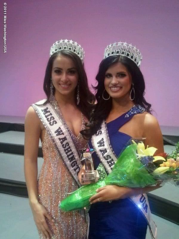 Angelina Kayyalaynen, Miss Washington USA 2011(L), and newly crowned Miss Washington USA 2012 Christina Clarke (R)