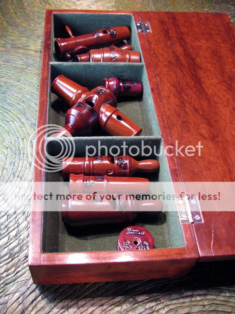   Brazilian Rosewood inlaid 9 Samba/Bird Call Whistle Set Box 2  